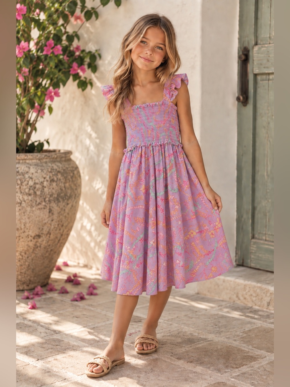 Coco Moon Hawaii Smocked Lavender Lei Day Bamboo Dress with Flutter Straps 9/10